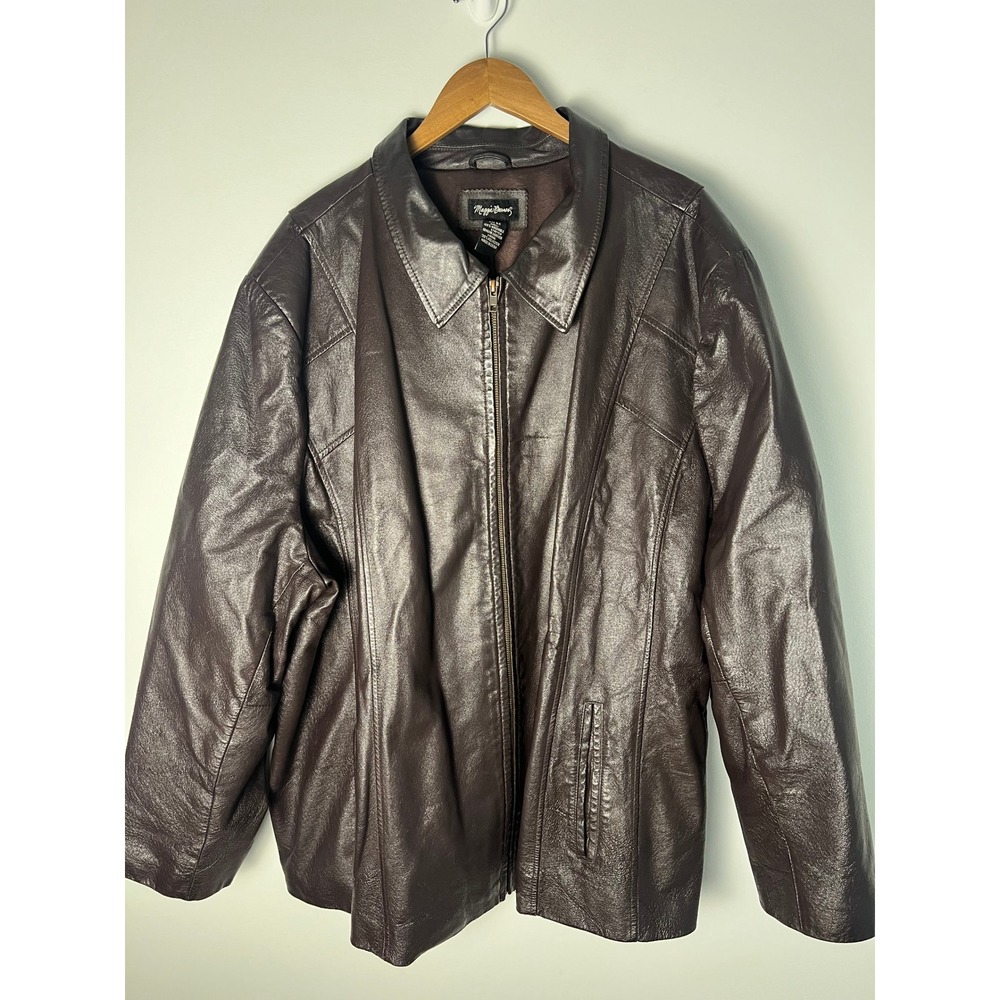 Maggie Barnes Genuine Leather Jacket Wm 5X Brown Washable Stretch Zip Front Coat